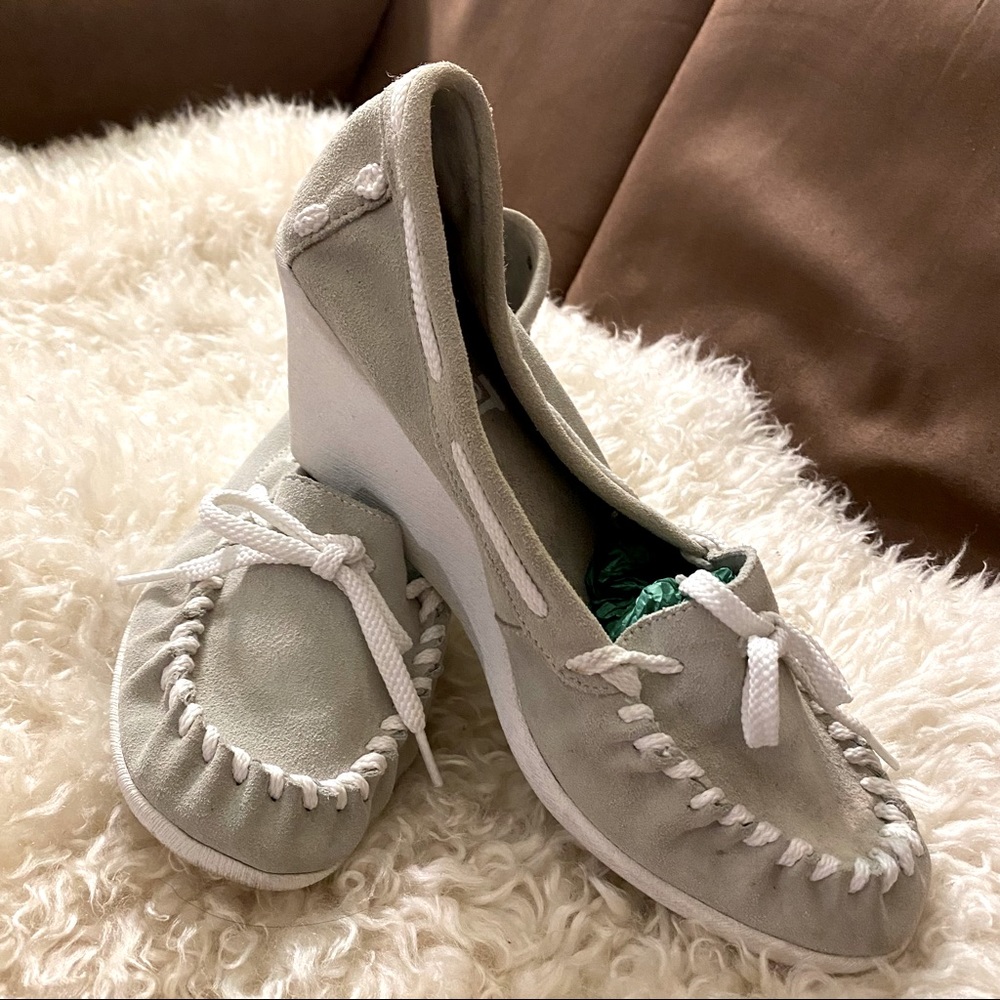 Suede baby blue wedge